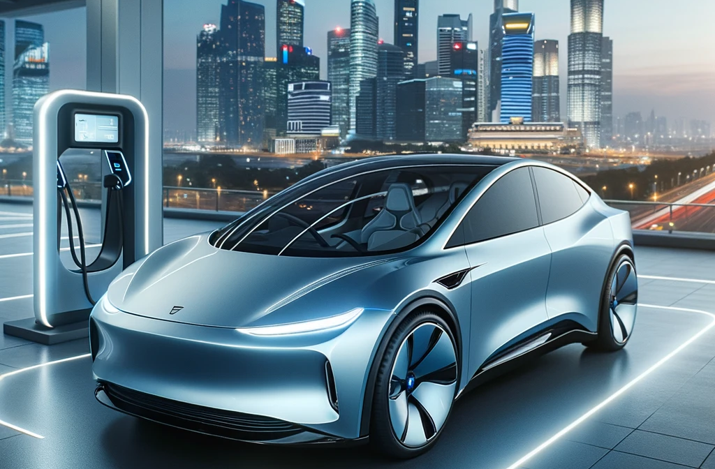 Fotografia elegantného elektromobilu v metalickej modrej farbe zaparkovaného vo futuristickej nabíjacej stanici. Auto má efektívne dizajnové prvky a LED svetlomety. Pozadie zobrazuje panorámu mesta za súmraku
