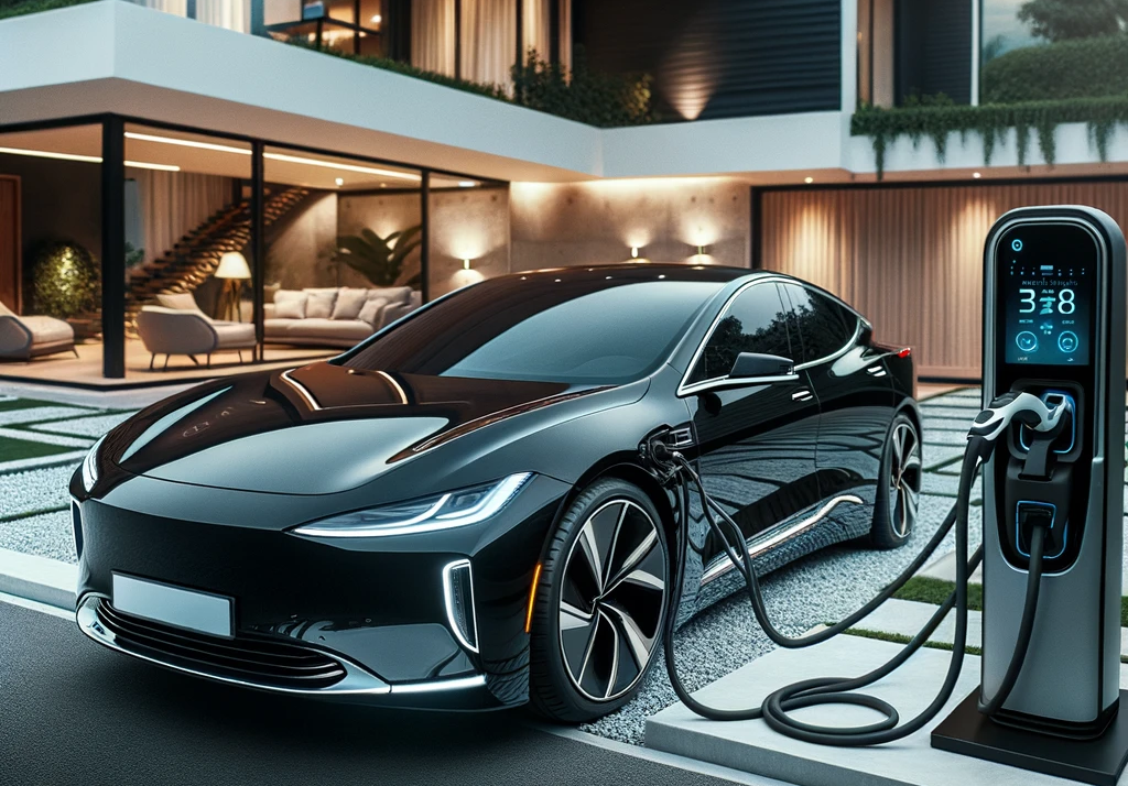 Fotografia luxusného elektromobilu v lesklej čiernej farbe zaparkovaného pred moderným domom. Digitálna palubná doska auta je osvetlená a nabíjací kábel je pripojený k domácej nabíjacej jednotke.
