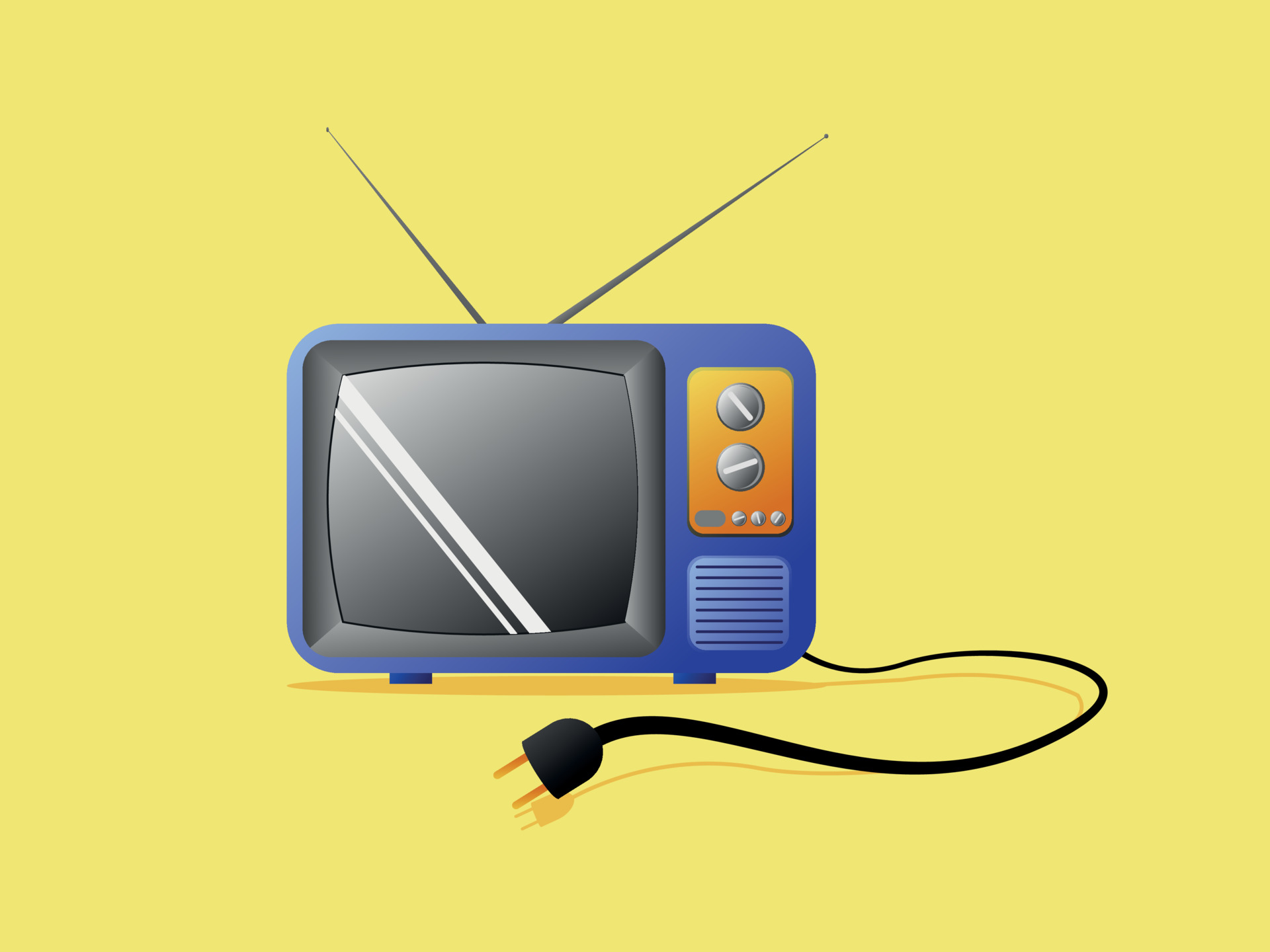 Na obrázku je retro televízor na žltom pozadí. Televízor má modrý rám, anténu, sivú obrazovku a oranžové ovládacie tlačidlá. Z televízora vychádza čierny elektrický kábel s viditeľnou zástrčkou